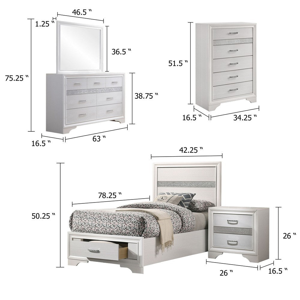 Vino White 5pc Twin Size Bed Set w Storage | Dressers | Glitter Accent BM340022