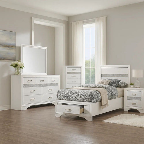 Vino White 5pc Twin Size Bed Set w Storage | Dressers | Glitter Accent