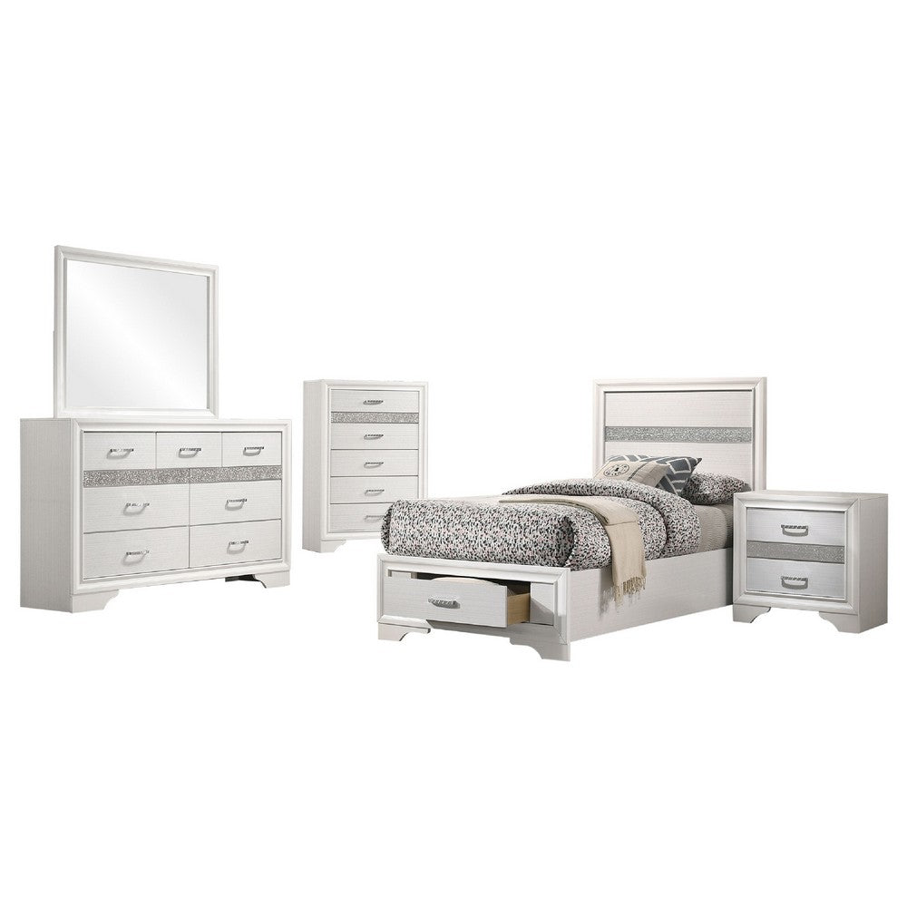 Vino White 5pc Twin Size Bed Set w Storage | Dressers | Glitter Accent