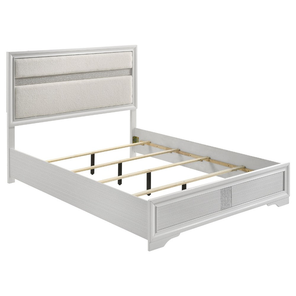 Vino White 4pc Queen Size Bed Set w Dressers | Mirror | Glitter Accent