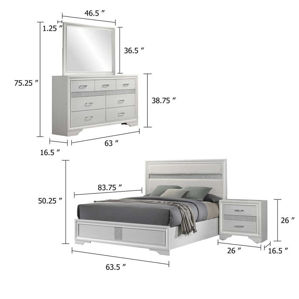 Vino White 4pc Queen Size Bed Set w Dressers | Mirror | Glitter Accent