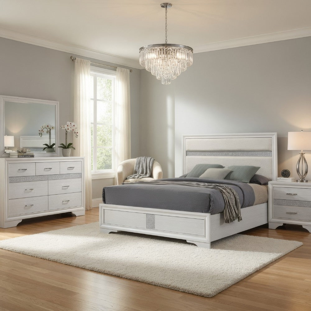Vino White 4pc Queen Size Bed Set w Dressers | Mirror | Glitter Accent