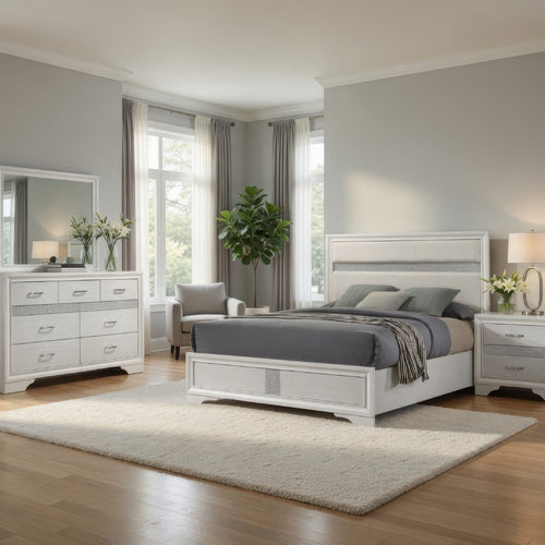 Vino White 4pc Queen Size Bed Set w Dressers | Mirror | Glitter Accent