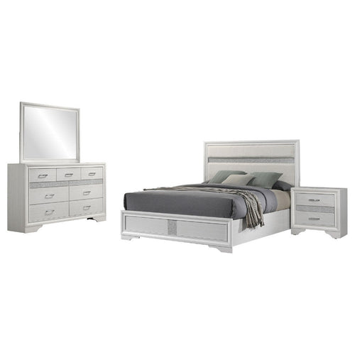 Vino White 4pc Queen Size Bed Set w Dressers | Mirror | Glitter Accent