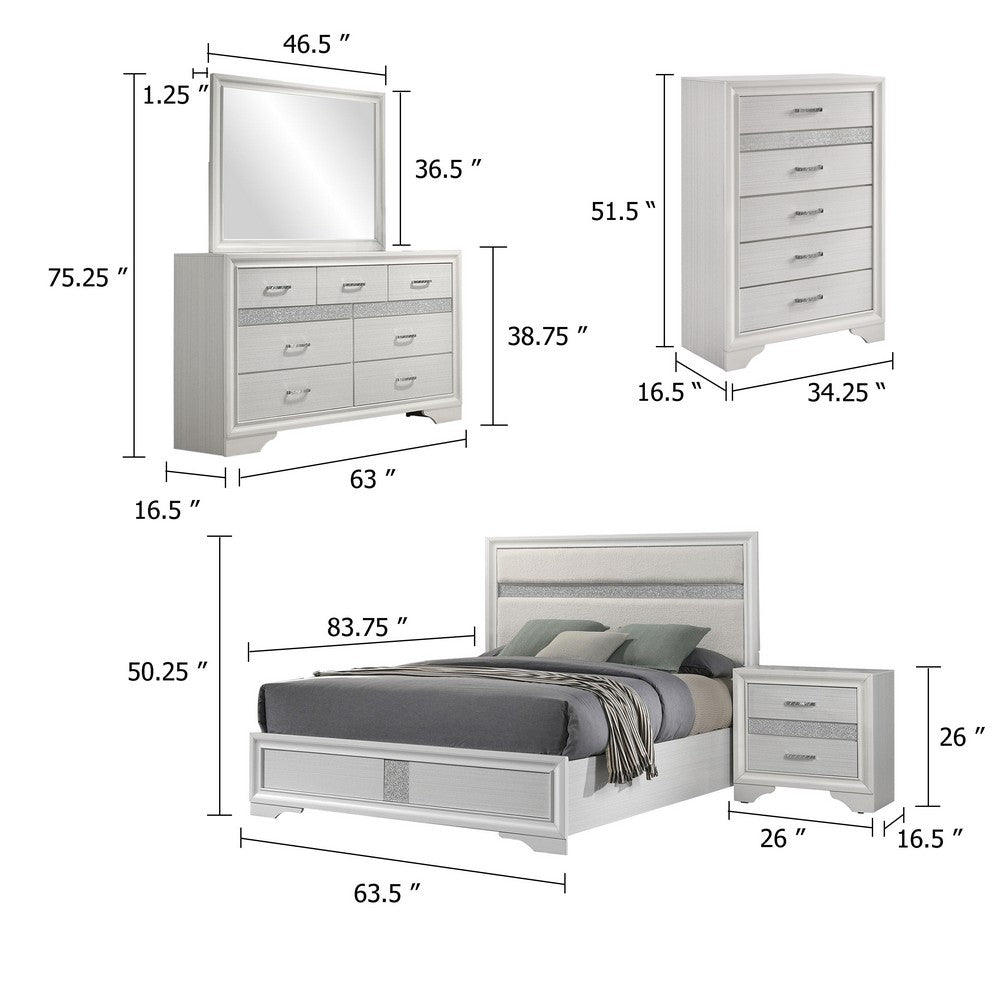 Vino White 5pc Queen Size Bed Set w Dressers | Mirror | Glitter Accent