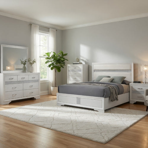 Vino White 5pc Queen Size Bed Set w Dressers | Mirror | Glitter Accent