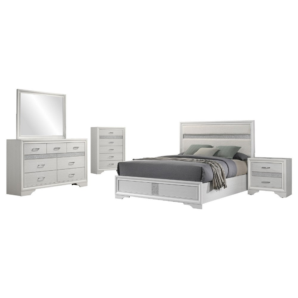 Vino White 5pc Queen Size Bed Set w Dressers | Mirror | Glitter Accent