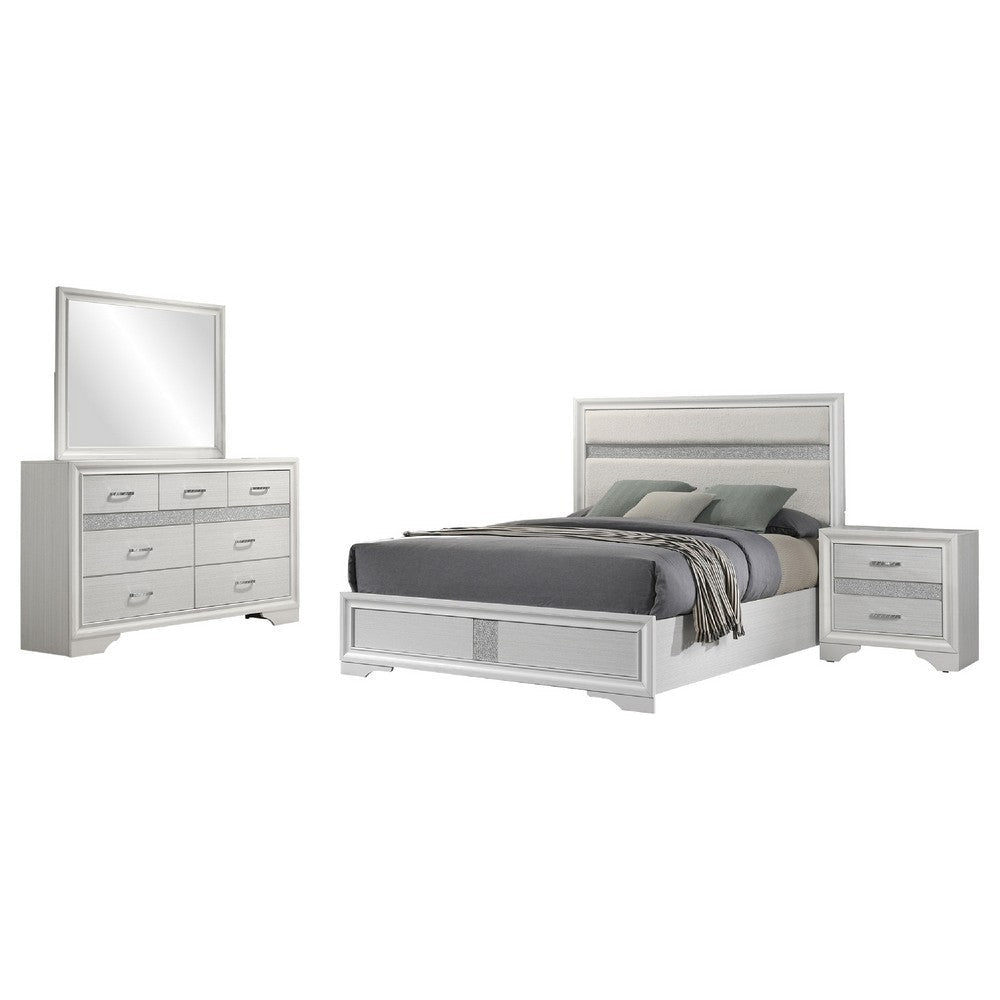 Vino White 4pc King Size Bed Set w Dressers | Mirror | Glitter Accent