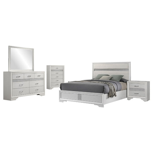 Vino White 5pc King Size Bed Set w Dressers | Mirror | Glitter Accent