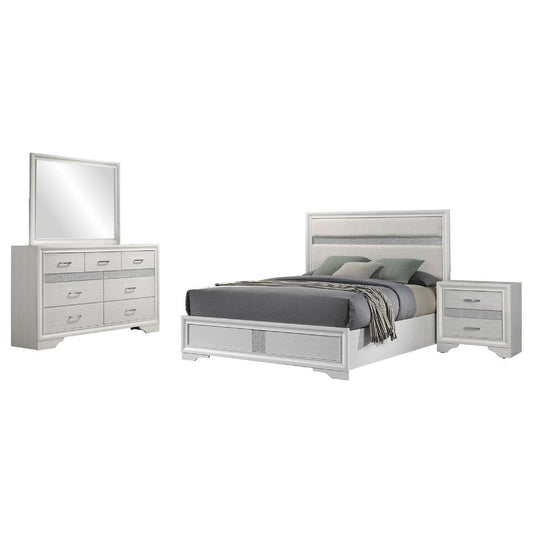 Vino White 4pc California King Bed Set | Dressers | Glitter Accent