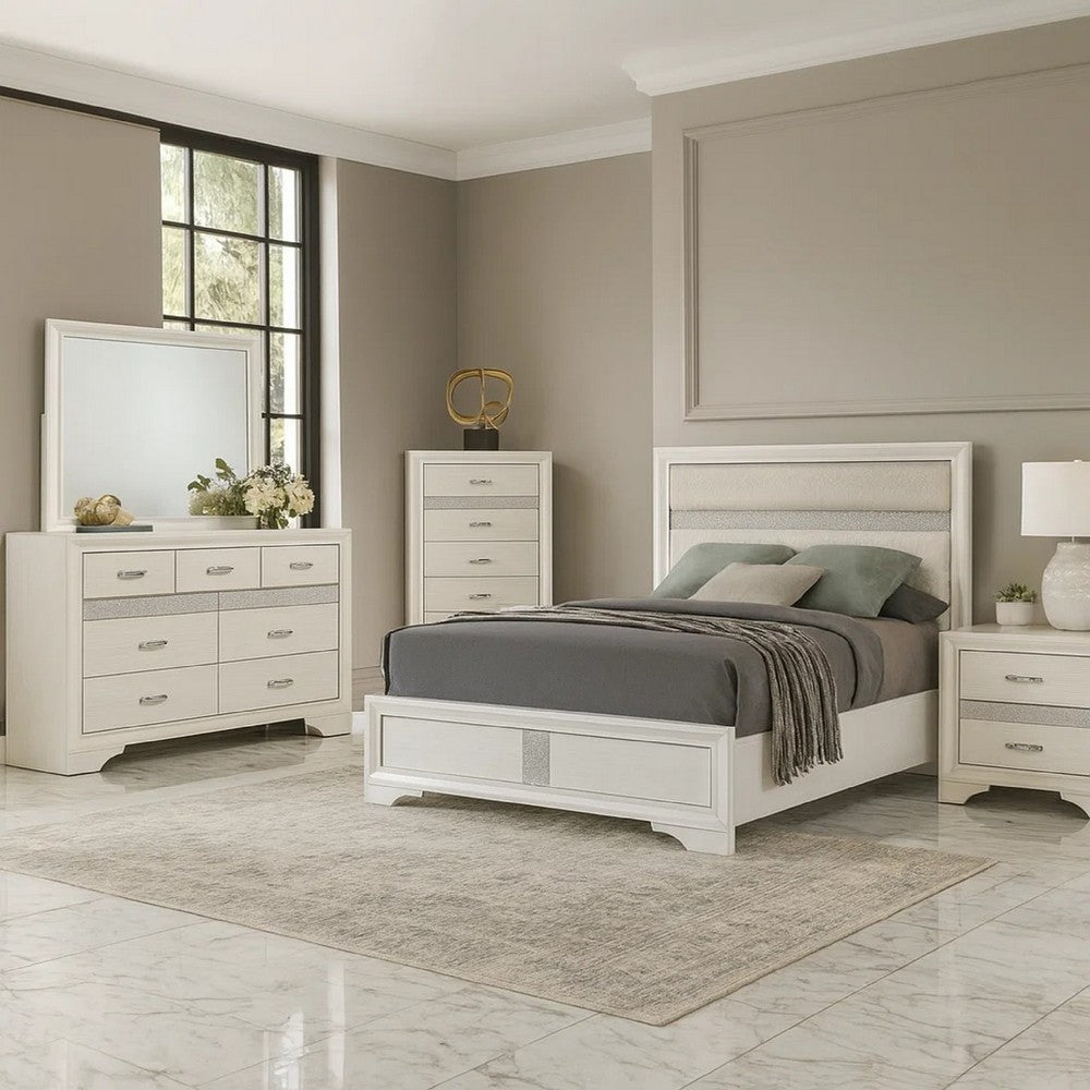 Vino White 5pc Full Size Bed Set w Dressers | Mirror | Glitter Accent