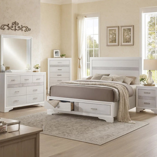 Vino White 5pc Full Size Bed Set w Dressers | Mirror | Glitter Accent