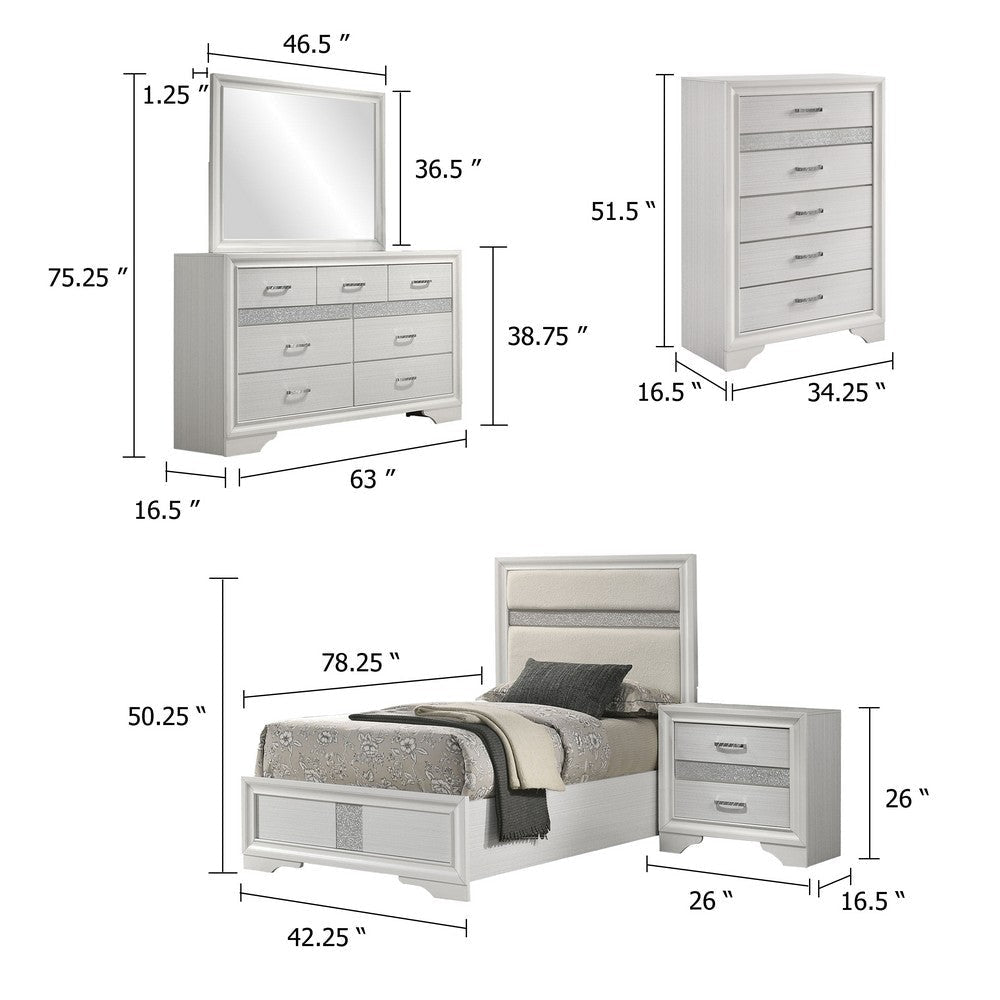 Vino White 5pc Twin Size Bed Set w Dressers | Mirror | Glitter Accent BM340030