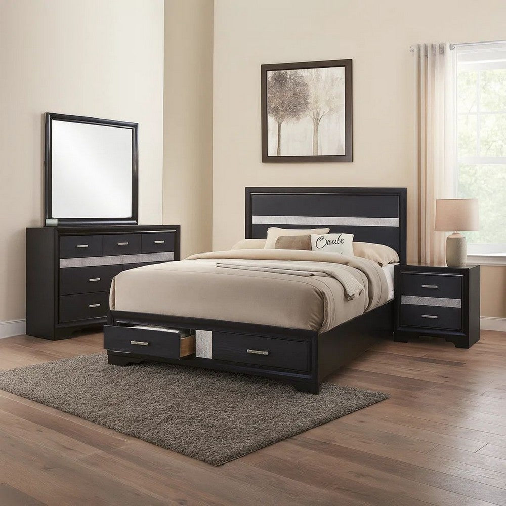 Vino Black 4pc Queen Size Bed Set w Storage Dressers | Glitter Accent
