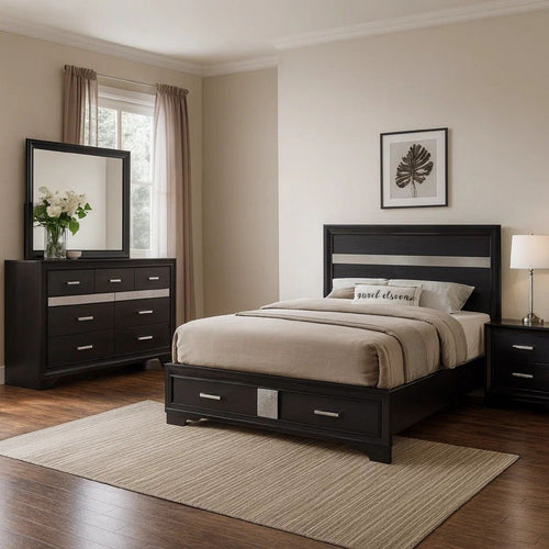 Vino Black 4pc Queen Size Bed Set w Storage Dressers | Glitter Accent