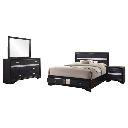 Vino Black 4pc Queen Size Bed Set w Storage Dressers | Glitter Accent