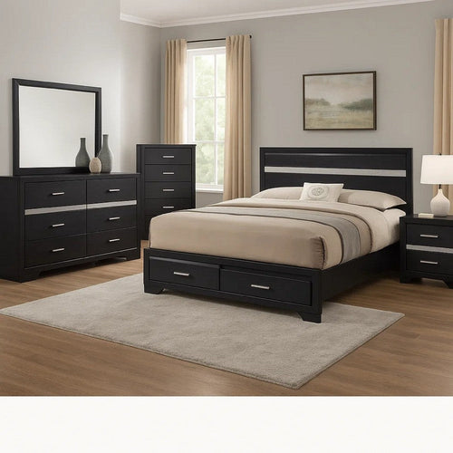 Vino Black 5pc Queen Size Bed Set w Storage Dressers | Glitter Accent