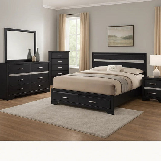 Vino Black 5pc Queen Size Bed Set w Storage Dressers | Glitter Accent