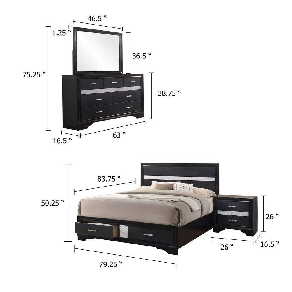 Vino Black 4pc King Size Bed Set w Storage | Dressers | Glitter Accent