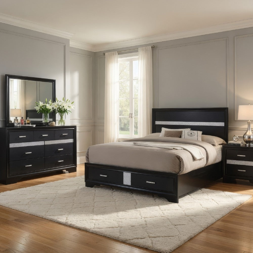 Vino Black 4pc King Size Bed Set w Storage | Dressers | Glitter Accent
