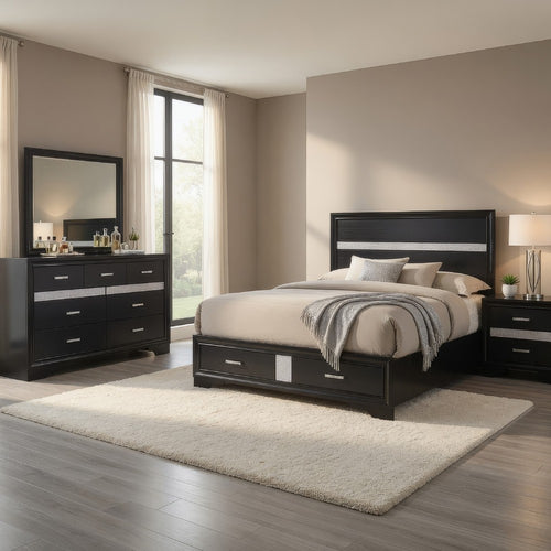 Vino Black 4pc King Size Bed Set w Storage | Dressers | Glitter Accent