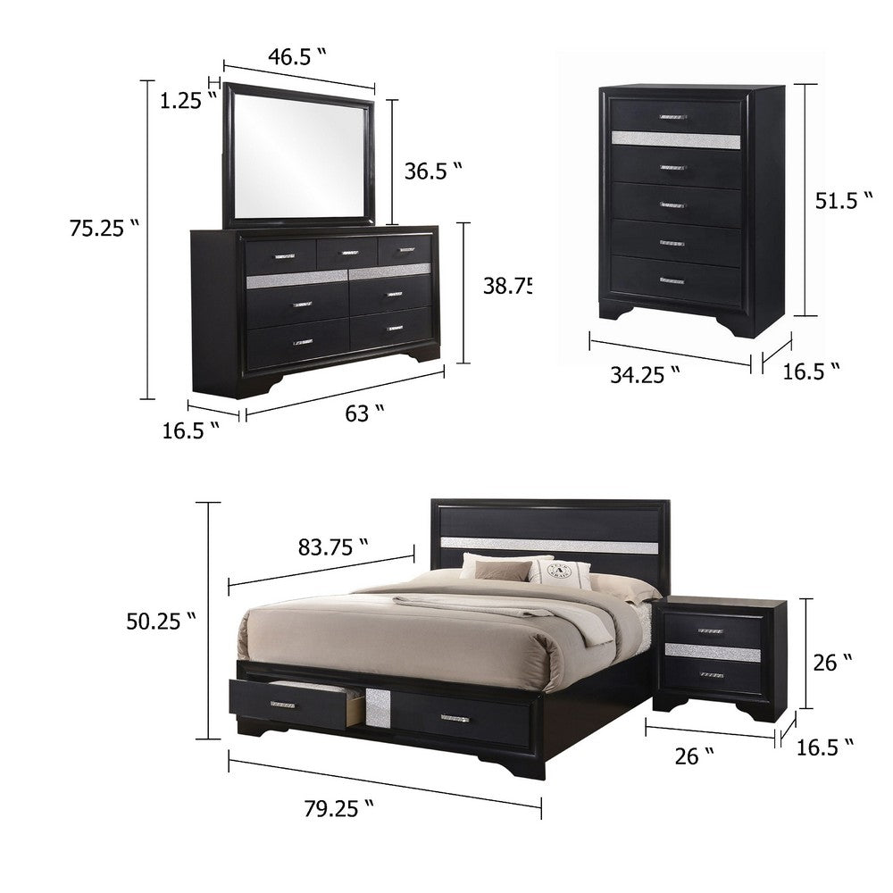 Vino Black 5pc King Size Bed Set w Storage | Dressers | Glitter Accent