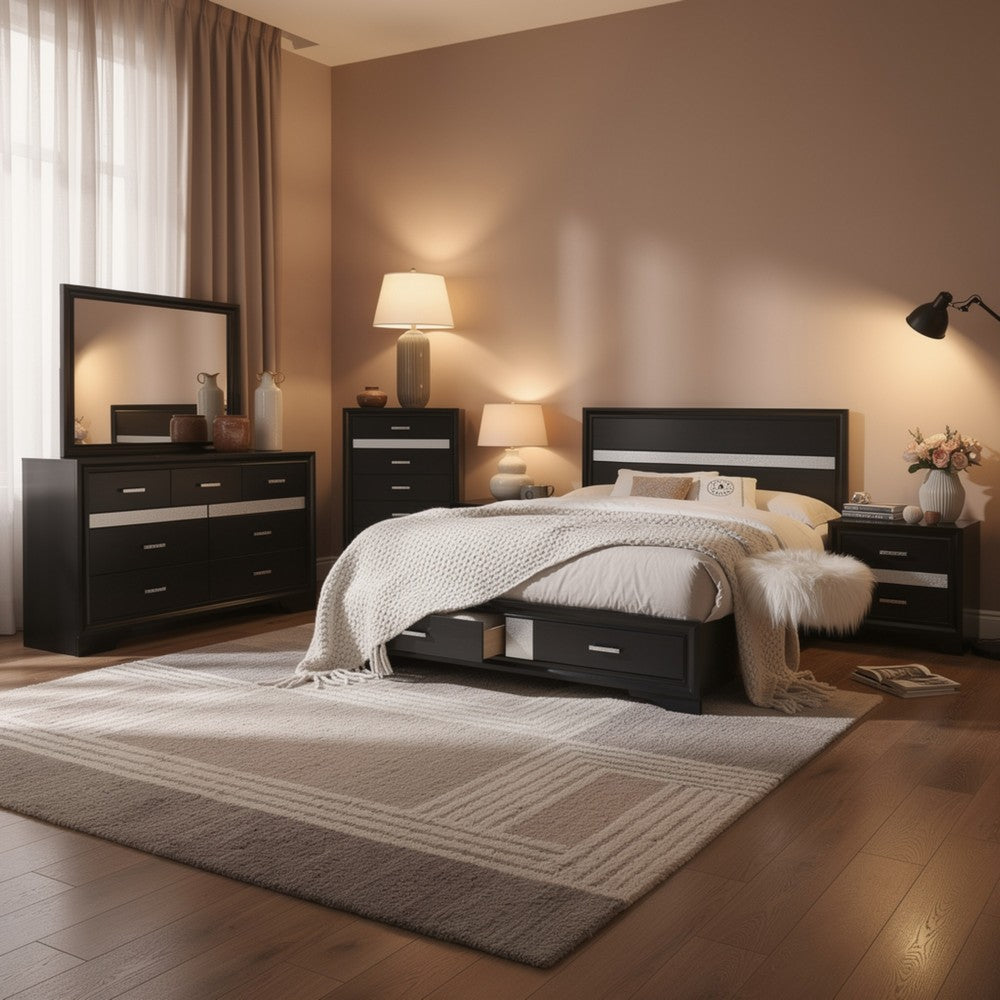 Vino Black 5pc King Size Bed Set w Storage | Dressers | Glitter Accent