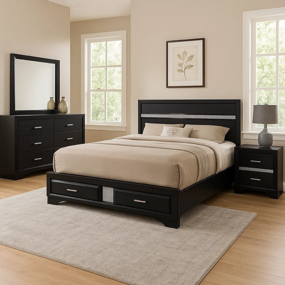 Vino Black 4pc California King Bed Set w Storage | Glitter Accent BM340035