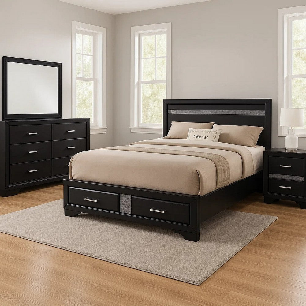 Vino Black 4pc California King Bed Set w Storage | Glitter Accent