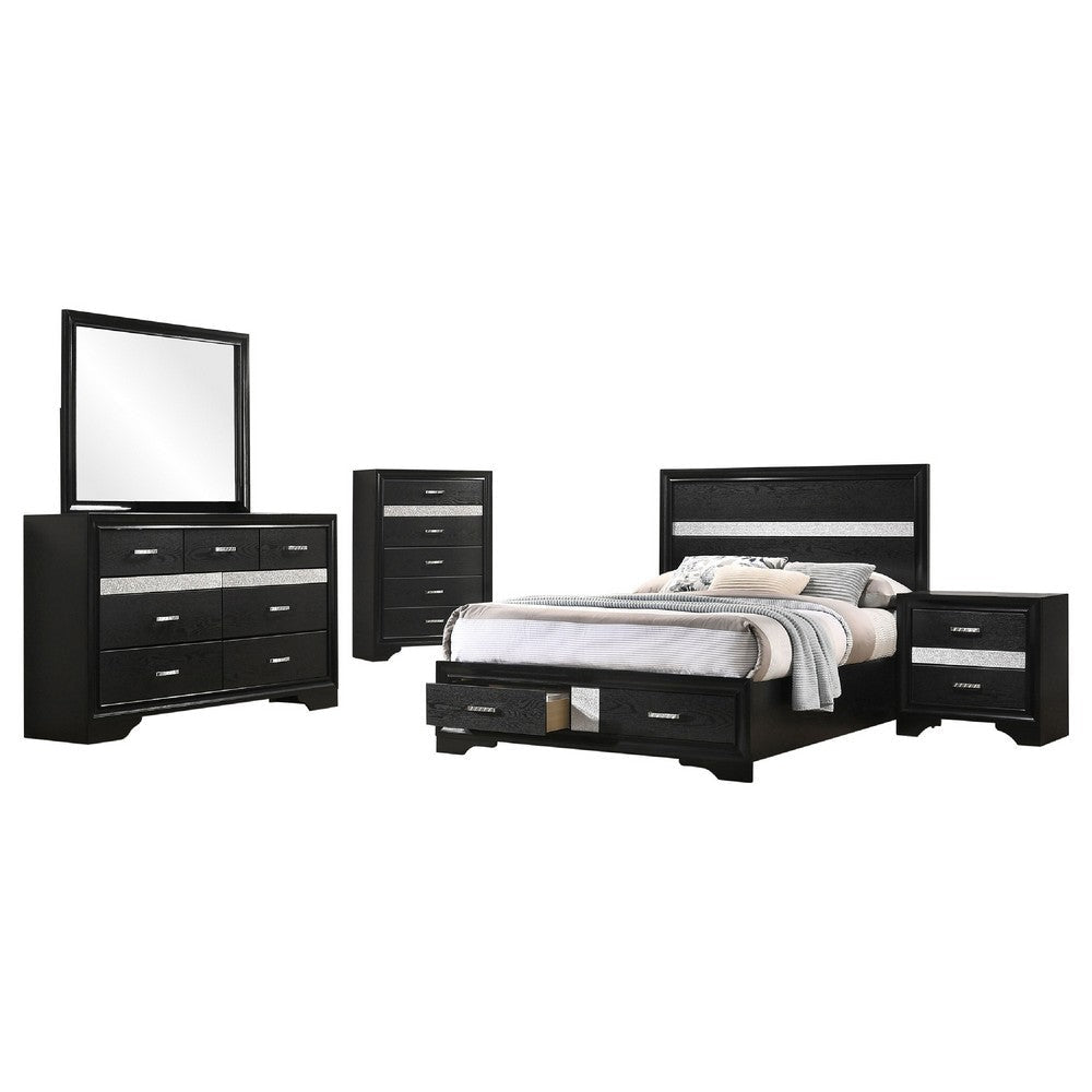 Vino Black 5pc Full Size Bed Set w Storage | Dressers | Glitter Accent