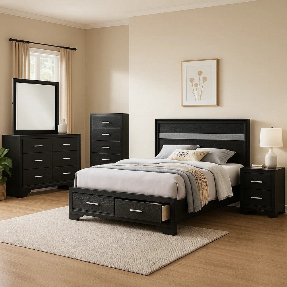 Vino Black 5pc Full Size Bed Set w Storage | Dressers | Glitter Accent BM340037