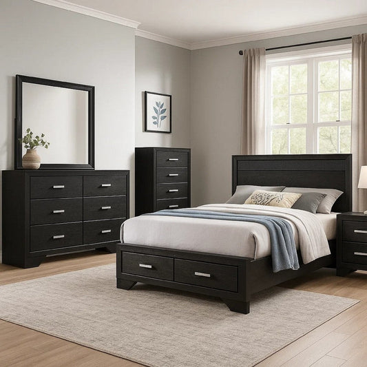 Vino Black 5pc Full Size Bed Set w Storage | Dressers | Glitter Accent