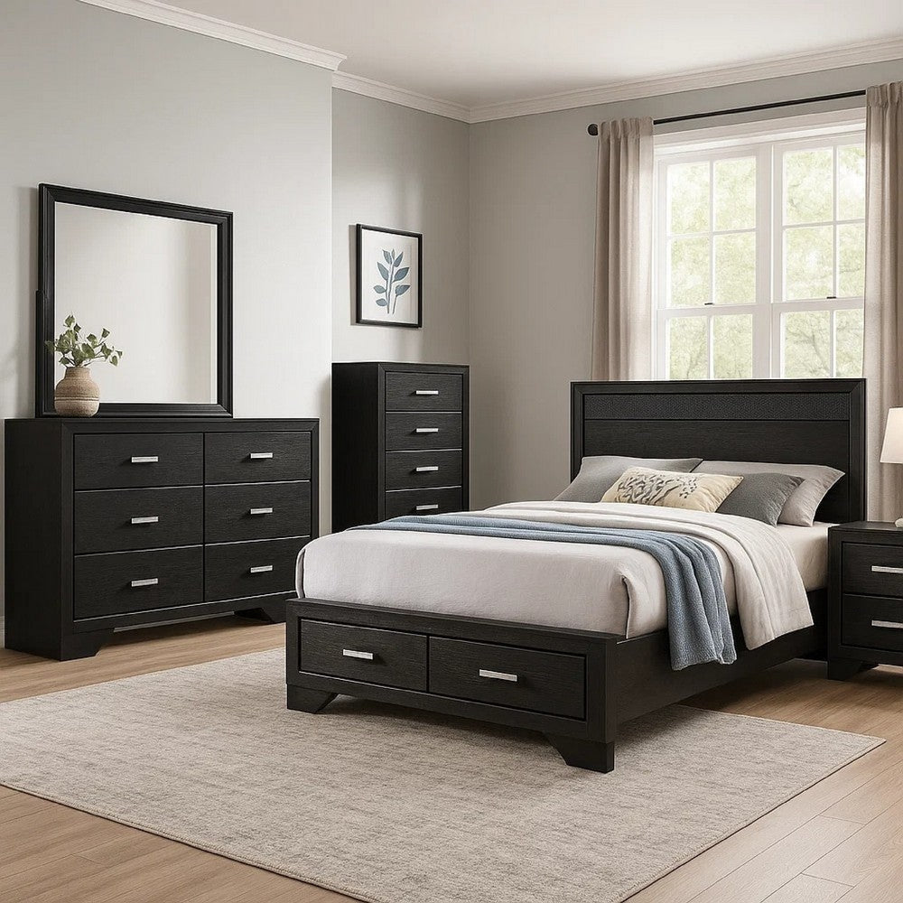 Vino Black 5pc Full Size Bed Set w Storage | Dressers | Glitter Accent