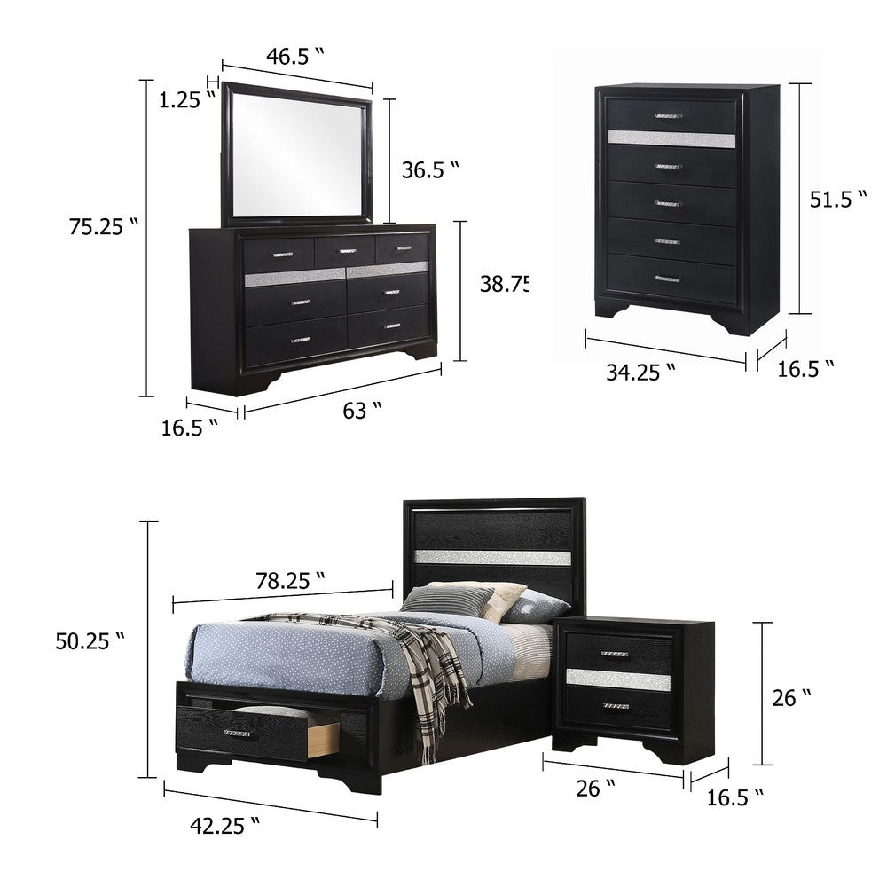 Vino Black 5pc Twin Size Bed Set w Storage | Dressers | Glitter Accent