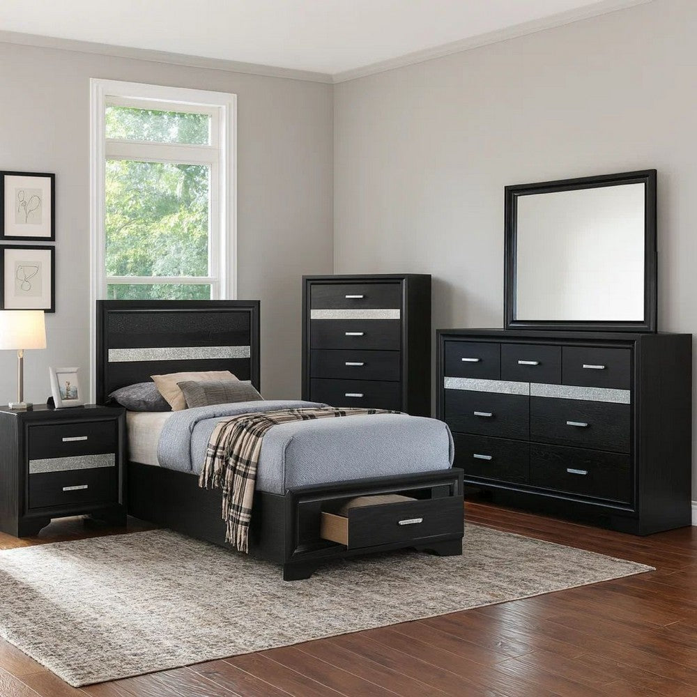 Vino Black 5pc Twin Size Bed Set w Storage | Dressers | Glitter Accent