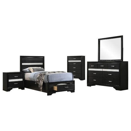 Vino Black 5pc Twin Size Bed Set w Storage | Dressers | Glitter Accent