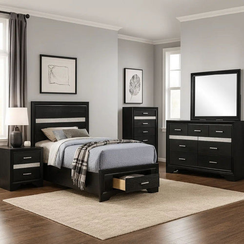 Vino Black 5pc Twin Size Bed Set w Storage | Dressers | Glitter Accent