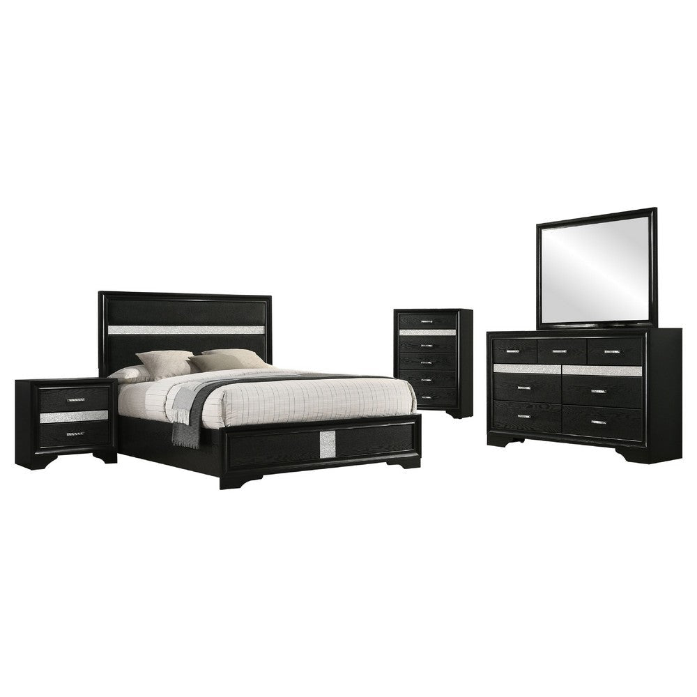 Vino Black 5pc Queen Size Bed Set w Dressers | Mirror | Glitter Accent