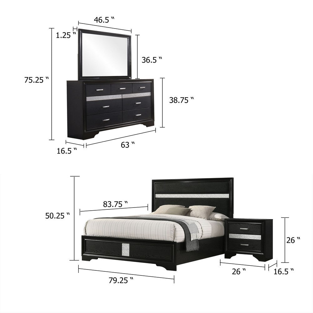 Vino Black 4pc King Size Bed Set w Dressers | Mirror | Glitter Accent BM340041
