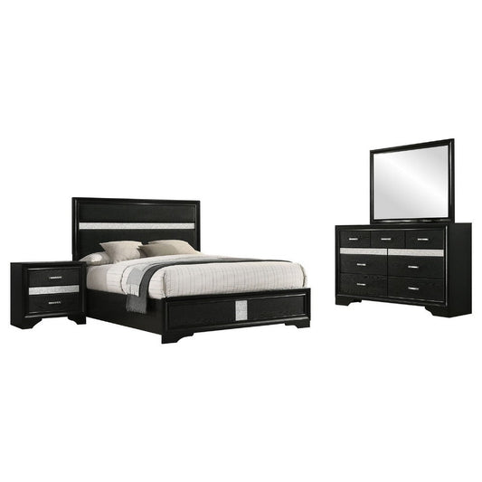 Vino Black 4pc King Size Bed Set w Dressers | Mirror | Glitter Accent