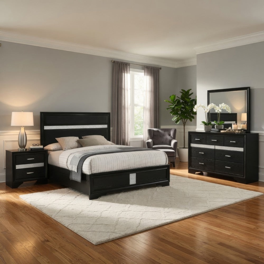 Vino Black 4pc California King Bed Set | Dressers | Glitter Accent