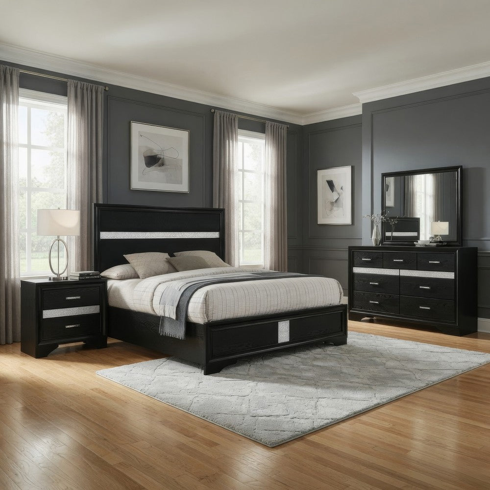 Vino Black 4pc California King Bed Set | Dressers | Glitter Accent