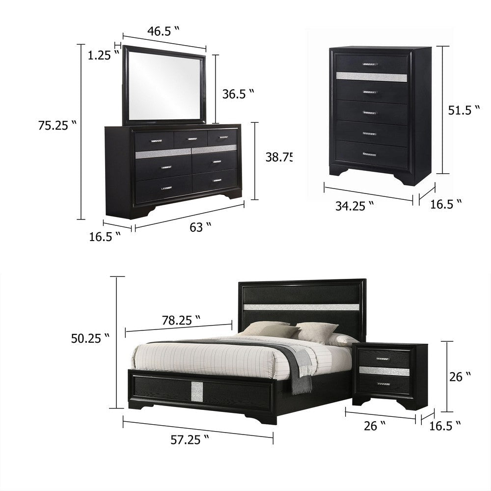 Vino Black 5pc Full Size Bed Set w Dressers | Mirror | Glitter Accent BM340045