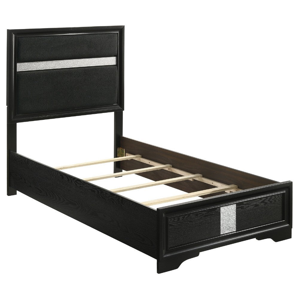 Vino Black 5pc Twin Size Bed Set w Dressers | Mirror | Glitter Accent BM340046