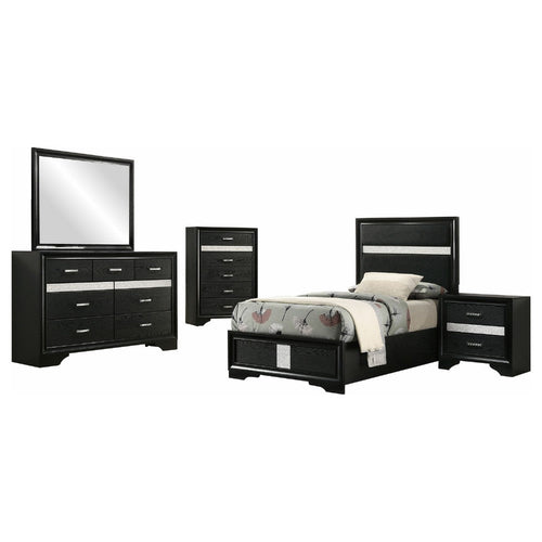 Vino Black 5pc Twin Size Bed Set w Dressers | Mirror | Glitter Accent