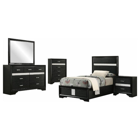 Vino Black 5pc Twin Size Bed Set w Dressers | Mirror | Glitter Accent