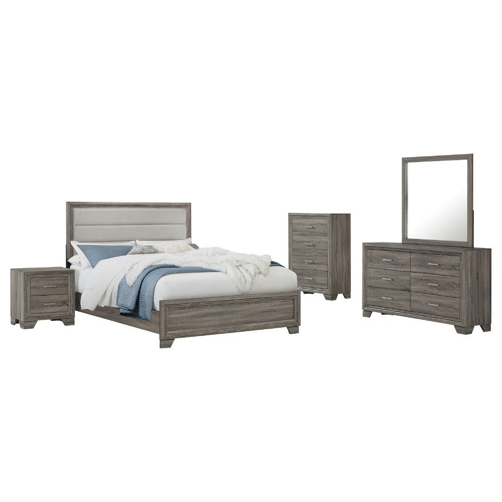 Reay 5 Piece Queen Bedroom Set with Dressers | Upholstered Gray Brown