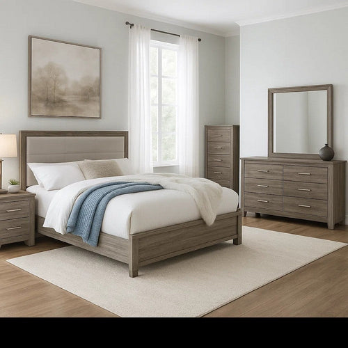 Reay 5 Piece Queen Bedroom Set with Dressers | Upholstered Gray Brown