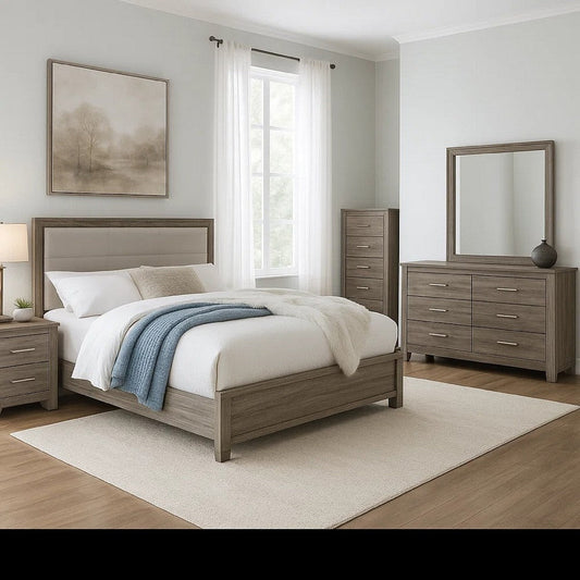 Reay 5 Piece Queen Bedroom Set with Dressers | Upholstered Gray Brown