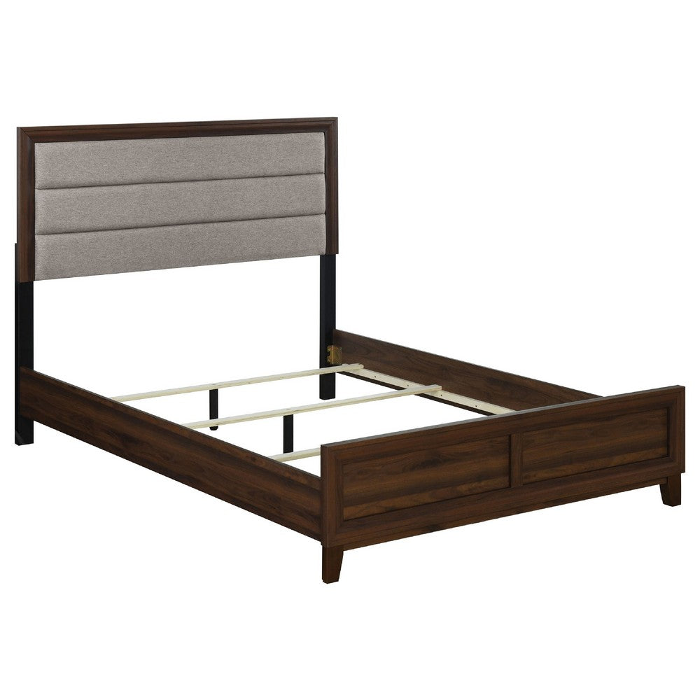 Yels 4 Piece Queen Bedroom Set | Gray Upholstery | Walnut Brown Wood
